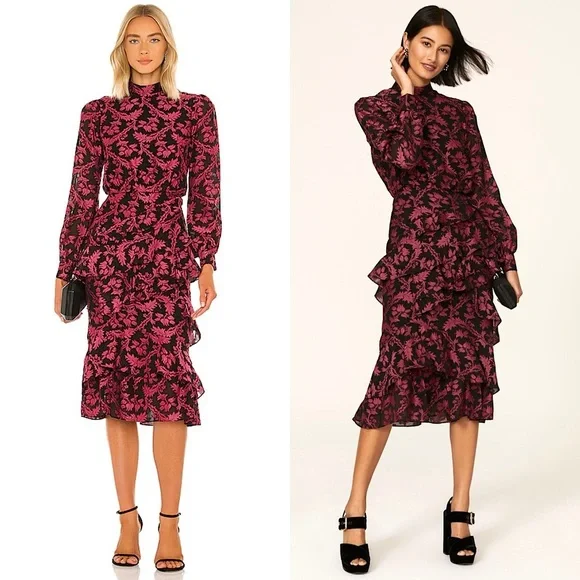SALONI Silk Floral Tapestry Mockneck Long Puffed Sleeve Ruffle Tier Midi Dress 8